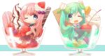  2girls aqua_eyes aqua_hair aqua_neckwear bare_shoulders belt black_dress black_legwear black_skirt black_sleeves blue_eyes blueberry cherry chibi chocolate_syrup commentary_request cream detached_sleeves dress food fruit glass grey_shirt hair_ornament hatsune_miku highres holding holding_food holding_fruit ice_cream leaf_hair_ornament long_hair looking_at_viewer macaron megurine_luka minigirl mint mochityoko multiple_girls necktie one_eye_closed open_mouth parfait pink_hair raspberry shirt shoulder_tattoo skirt sleeveless sleeveless_shirt smile strawberry sugar_cube tattoo thighhighs twintails very_long_hair vocaloid wafer_stick waffle 