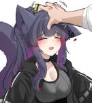  1girl 1other ^_^ animal_ears arknights black_choker black_hair cat_ears choker closed_eyes commentary_request grey_shirt headpat heart highres jacket jessica_(arknights) k0ng multicolored_hair open_clothes open_jacket open_mouth purple_hair shirt simple_background solo_focus streaked_hair upper_body white_background 