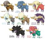  black_eyes blue_eyes bouffalant character_name closed_mouth clytemnon commentary creature english_commentary english_text florges florges_(red) full_body furfrou furfrou_(star) fusion gen_1_pokemon gen_4_pokemon gen_5_pokemon gen_6_pokemon gothitelle horns jynx multiple_fusions no_humans orange_eyes pokemon pokemon_(creature) simple_background skuntank standing tangrowth whimsicott white_background yellow_eyes 