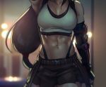  1girl abs arm_guards arm_up armpits black_hair blurry blurry_background breasts cleavage crop_top elbow_gloves final_fantasy final_fantasy_vii final_fantasy_vii_remake gloves head_out_of_frame long_hair low-tied_long_hair maren_marmulla midriff navel pleated_skirt skirt solo stomach suspenders tank_top tifa_lockhart toned 