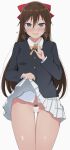  1girl ass_visible_through_thighs black_jacket blue_eyes blush brown_hair censored clothes_lift commentary_request female_pubic_hair hair_ribbon heart heavy_breathing highres jacket lifted_by_self long_hair long_sleeves looking_at_viewer love_live! love_live!_nijigasaki_high_school_idol_club neck_ribbon nijigasaki_academy_school_uniform no_panties osaka_shizuku pubic_hair pussy red_skirt ribbon school_uniform shirt skirt skirt_lift smile sweatdrop wewe white_background white_shirt yellow_ribbon 