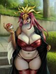 anthro anthrofied beak big_breasts black_clothing black_coat black_topwear breasts bustier clothed clothing coat detailed_background female front_view generation_1_pokemon hair hi_res holding_object holding_pokeball legwear lingerie long_hair looking_at_viewer midriff multicolored_hair navel neck_tuft nintendo one_eye_closed outside panties pantsless pidgeot plant pokeball pokemon pokemon_(species) pokemorph portrait red_clothing red_eyes red_lingerie red_underwear ronff smile solo stairs standing stockings thigh_highs three-quarter_portrait topwear tree tuft underwear undressing white_body winged_arms wings
