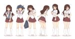  1girl blush bow bowtie breasts brown_hair brown_skirt commentary_request embarrassed flying_sweatdrops full_body grey_vest head_tilt highres idolmaster idolmaster_cinderella_girls kneehighs kuwahara looking_at_viewer looking_down medium_breasts multiple_views no_shoes one_side_up panties pantyshot pink_bow pink_bowtie pleated_skirt school_uniform sequential shimamura_uzuki shirt short_sleeves simple_background skirt socks underwear undressing vest white_background white_panties white_shirt white_socks 