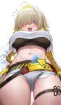  1girl absurdres ahoge ass_visible_through_thighs belt belt_pouch black_shirt blonde_hair blush breasts colored_inner_hair cowboy_shot crop_top crop_top_overhang cursor elegg_(nikke) exposed_pocket fang from_below goddess_of_victory:_nikke grey_shorts hair_over_eyes hand_on_own_hip highres kaho_oco large_breasts long_sleeves looking_at_viewer looking_down micro_shorts midriff multicolored_hair navel open_mouth pouch puffy_long_sleeves puffy_sleeves purple_eyes shirt short_hair short_shorts shorts simple_background skindentation smile solo standing stomach suspenders sweat thigh_strap thighs torn_clothes torn_shorts underboob undershirt white_background white_shirt 