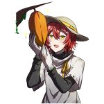  1boy blush flower food fruit gloves hair_between_eyes hair_flower hair_ornament hanasaki_miyabi hat holostars long_sleeves male_focus pink_flower red_hair short_hair simple_background smile solo sparkle tearing_up transparent_background turtleneck upper_body virtual_youtuber white_gloves yaeyama_reishi yellow_eyes 