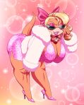 absurd_res accessory anthro big_breasts blonde_hair blue_eyes bow_ribbon bracelet breasts clothing colored_nails crovirus dress eyeshadow eyewear female footwear fur_jacket gem gyaru hair hair_accessory hair_bow hair_ribbon hand_on_knee hand_on_leg hi_res high_heels jewelry koopaling leaning leaning_forward lipstick looking_at_viewer makeup mario_bros nails necklace nintendo pearl_(gem) pearl_necklace pink_eyeshadow pink_lipstick ribbons smile solo sparkles sparkling_clothing sparkling_dress sunglasses tail thick_thighs voluptuous_female wendy_o._koopa