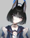  1boy 1girl animal_ear_fluff animal_ears black_eyes black_hair blue_archive bright_pupils cat_ears choker collarbone doodle_sensei_(blue_archive) flying_sweatdrops gen_(unzzenasd) grey_background halo hands_up haori highres japanese_clothes kikyou_(blue_archive) ribbon_choker sailor_collar sensei_(blue_archive) shaded_face shirt short_hair sound_effects strangling string upper_body white_pupils white_shirt 