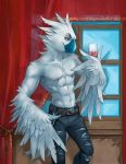  abs alcohol anthro avian beak beverage bird blue_beak bottomwear citron_crested_cockatoo clothing cockatoo curtains_open eyebrows feathered_crest feathers head_crest hi_res jeans lucky_the_cockatoo male pants parrot raised_eyebrow shizl_mizl solo torn_bottomwear torn_clothing torn_jeans torn_pants white_body white_feathers window wine wine_glass winged_arms wings yellow_eyes 