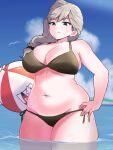  1girl amogan ball beachball bikini blue_sky blush breasts cleavage closed_mouth cloud cloudy_sky collarbone commission cowboy_shot girls_und_panzer grey_eyes grey_hair highres holding holding_ball jajka_(girls_und_panzer) large_breasts long_hair navel outdoors partially_submerged pixiv_commission plump side-tie_bikini_bottom sky solo split_mouth sweat swimsuit thick_thighs thighs water 