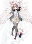  1girl 71150521_(user_agrk2888) angel_wings animal_bag arms_up bed_sheet black_thighhighs bow breasts brown_skirt cat_bag dakimakura_(medium) danganronpa_(series) danganronpa_2:_goodbye_despair dress_shirt ear_bow feathered_wings galaga hair_ornament highres large_breasts miniskirt nanami_chiaki neck_ribbon outstretched_arms pink_bag pink_bow pink_footwear pleated_skirt ribbon shirt skirt solo thighhighs two-tone_shirt usami_(danganronpa) wings zettai_ryouiki 