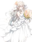  1girl absurdres bow bridal_veil chinese_commentary choker commentary_request detached_sleeves dress firefly_(honkai:_star_rail) full_body gradient_hair grey_hair highres honkai:_star_rail honkai_(series) long_hair long_sleeves looking_at_viewer multicolored_hair nz75_ge open_mouth simple_background smile solo veil very_long_hair wedding_dress white_background white_bow white_choker white_dress white_veil 