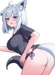 1girl ahoge animal_ear_piercing animal_ears aqua_eyes ass black_shirt blush breasts deaver fox_ears fox_girl fox_tail highres hololive large_breasts looking_at_viewer official_alternate_costume official_alternate_hair_length official_alternate_hairstyle open_mouth panties pentagram shirakami_fubuki shirakami_fubuki_(7th_costume) shirt short_hair short_sleeves side-tie_shirt single_bare_shoulder single_off_shoulder solo tail underwear virtual_youtuber white_hair white_panties 