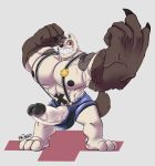  anthro big_muscles big_pecs bottomwear canid canine canis clothing domestic_dog erection genitals gleipnir hi_res huge_muscles humanoid_genitalia humanoid_penis hyper hyper_hands male mammal muscular open_pants pants pecs penis rxq shorts shuichi_kagaya solo suspenders toothy_grin 
