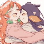  2girls ^_^ alternate_costume blush closed_eyes commentary green_hair hololive hololive_english hug long_hair long_sleeves multicolored_hair multiple_girls ninomae_ina&#039;nis open_mouth orange_hair pink_sweater purple_hair shirt short_sleeves simple_background smile streaked_hair sweater symbol-only_commentary takanashi_kiara tentacle_hair upper_body virtual_youtuber white_background white_shirt yuuyu_(777) 