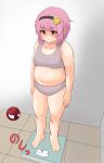  1girl alternate_body_size arms_at_sides blush closed_mouth collarbone commentary_request eyeball full_body grey_background hair_between_eyes hairband heart highres komeiji_satori medium_hair navel nerizou open_hands pink_hair plump red_eyes solo sports_bra standing thick_arms thick_thighs thighs tile_floor tiles touhou translation_request weighing_scale weight_conscious 
