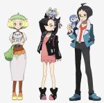  1boy 2girls ahoge bare_legs beret bianca_(pokemon) black_choker black_footwear black_hair black_jacket blonde_hair cheren_(pokemon) choker closed_mouth dress earrings eneko_(olavcnkrpucl16a) eyelashes froakie full_body glasses green_bag green_eyes green_headwear hair_ribbon hat highres holding holding_pokemon jacket jewelry legs_apart marnie_(pokemon) multiple_girls on_head open_clothes open_jacket orange_pantyhose orange_vest oshawott pants pantyhose pink_dress piplup pokemon pokemon_(creature) pokemon_bw pokemon_on_head pokemon_swsh red_ribbon ribbon shirt shoes short_hair simple_background smile standing vest white_background white_dress white_shirt yellow_footwear 