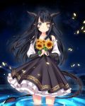  1girl absurdres bangs bare_shoulders black_hair closed_mouth collarbone commission dragon_girl dress eyebrows_visible_through_hair flower grey_eyes heterochromia highres holding holding_flower horns long_hair looking_at_viewer monster_girl original partially_submerged petals scales sky slit_pupils solo standing star_(sky) starry_sky sunflower tail water yaya_chan yellow_eyes 