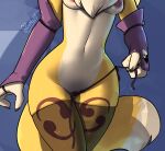 abstract_background armwear bandai_namco breasts clothing digimon digimon_(species) elbow_gloves female feretta front_view fur gloves handwear hi_res legwear mostly_nude panties renamon stockings underwear undressing white_body white_fur yellow_body yellow_fur