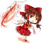  1girl ascot bow brown_eyes brown_footwear brown_hair chest_sarashi chibi commentary_request detached_sleeves frilled_skirt frills full_body hair_bow hair_tubes hakurei_reimu kutsuki_kai ofuda red_bow red_skirt ribbon-trimmed_sleeves ribbon_trim sarashi sidelocks skirt socks solo touhou white_background white_socks wide_sleeves yellow_ascot 