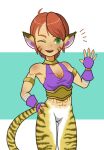  1girl animal_ears breasts breath_of_fire breath_of_fire_ii cat_ears facial_mark fingerless_gloves gloves green_eyes looking_at_viewer lowres one_eye_closed open_mouth orange_hair pointy_ears rinpoo_chuan short_hair sicky_(pit-bull) smile solo striped_tail tail tiger_tail 