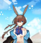 1girl amiya_(arknights) animal_ear_fluff animal_ears arknights black_jacket blue_eyes blue_sky breasts brown_hair cloud commentary_request day dirty dirty_clothes floating_hair hair_between_eyes highres jacket kojita_kenchin long_hair looking_at_viewer off_shoulder open_clothes open_jacket outdoors parted_lips rabbit_ears shirt sidelocks sky small_breasts solo very_long_hair white_shirt 