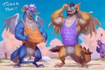  ? anthro biped blue_body blue_scales brown_hair claws clothed clothing dragon english_text eyewear group hair hi_res horn male muscular orange_body orange_scales purple_body purple_hair purple_scales scales scalie smile spikes sunglasses taran_fiddler teeth text white_hair wings 