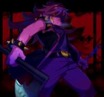  1girl axe belt black_border black_jacket border bracelet breath chain clenched_teeth colored_skin deltarune drag0nia feet_out_of_frame furry furry_female glowing glowing_eye highres holding holding_axe jacket jewelry legs_apart long_hair looking_at_viewer open_mouth outside_border pants pink_skin purple_hair purple_pants purple_shirt red_background red_eyes shaded_face sharp_teeth shirt sleeveless sleeveless_jacket solo spiked_arm spiked_bracelet spikes standing susie_(deltarune) teeth yellow_teeth 