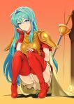 1girl aqua_eyes aqua_hair armor blue_hair blush boots breastplate cape earrings eirika_(fire_emblem) fingerless_gloves fire_emblem fire_emblem:_the_sacred_stones glint gloves highres jewelry long_hair looking_at_viewer miniskirt rapier red_footwear red_shirt red_thighhighs revolverwing shadow shirt short_sleeves signature skirt smile solo squatting sword thigh_boots thighhighs weapon yellow_cape 