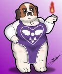 anthro big_breasts black_eyes breasts brown_body brown_ears brown_fur canid canine canis clothing cosplay d13w0tt_(artist) dogs_in_space domestic_dog dress duchess_(dogs_in_space) elemental_manipulation eyebrows female fire fire_manipulation fur hand_on_hip hi_res mammal molosser mountain_dog multicolored_body multicolored_fur netflix saint_bernard simple_background slightly_chubby solo thick_thighs white_body white_fur