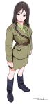  1girl alternate_costume artist_name bangs belt black_belt black_hair blue_eyes boots brown_footwear brown_jacket brown_skirt closed_mouth commentary dated dress_shirt epaulettes full_body girls_und_panzer green_neckwear green_shirt highres horikou insignia jacket long_hair long_sleeves looking_to_the_side military military_uniform neckerchief nonna_(girls_und_panzer) pencil_skirt sam_browne_belt shirt signature simple_background skirt solo soviet_army soviet_union standing swept_bangs uniform white_background wing_collar 