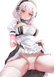  1girl absurdres azur_lane blush bob_cut breasts classic_(zildjian33) cleavage clothes_lift collarbone frills highres large_breasts looking_at_viewer maid panties red_eyes short_hair short_sleeves sirius_(azur_lane) skirt skirt_lift smile solo thighhighs thighs underwear white_hair 