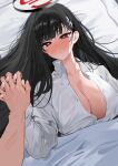  1girl absurdres black_hair blanket blue_archive blunt_bangs blush breasts bright_pupils cleavage hair_ornament hairclip halo hetero highres holding_hands interlocked_fingers large_breasts long_hair looking_at_another looking_at_viewer red_eyes rio_(blue_archive) solo sweat very_long_hair yuki_(asayuki101) 