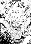  1boy absurdres clenched_hand cloud fighting_stance gear_fifth highres looking_at_viewer medium_hair messy_hair monkey_d._luffy monochrome one_piece open_clothes open_mouth open_shirt scar scar_on_chest simple_background solo sweatdrop teeth yotsumi_shiro 