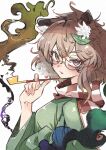  1girl animal_ear_fluff animal_ears brown_eyes brown_hair checkered_clothes checkered_scarf commentary_request deal360acv futatsuiwa_mamizou glasses green_shirt hand_up highres kiseru leaf leaf_on_head looking_at_viewer medium_hair open_mouth raccoon_ears raccoon_girl scarf shirt simple_background smoke smoking_pipe solo touhou upper_body white_background 