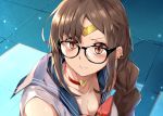  1girl bangs bare_shoulders bishoujo_senshi_sailor_moon blue_sailor_collar blush braid breasts brown_eyes brown_hair choker circlet cleavage clenched_teeth consort_yu_(fate) cosplay derivative_work earrings fate/grand_order fate_(series) glasses heart heart_choker hidebuu highres jewelry large_breasts long_hair looking_at_viewer multiple_earrings red_choker sailor_collar sailor_moon sailor_moon_(cosplay) sailor_moon_redraw_challenge sailor_senshi_uniform screencap_redraw teeth very_long_hair 