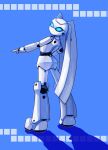  1girl absurdres blue_background blue_eyes colored_skin drossel_von_flugel fireball_(series) highres humanoid_robot joints looking_back no_humans no_mouth robot robot_girl robot_joints shiny_skin solo twintails user_jzaz2278 white_skin 