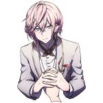  1boy 1other closed_mouth eyebrows_visible_through_hair formal green_eyes hair_between_eyes hair_ornament holding_hands holostars long_sleeves looking_at_viewer male_focus pink_hair pov rikka_(holostars) shiny shiny_hair shirt simple_background smile suit transparent_background upper_body virtual_youtuber white_shirt yaeyama_reishi 