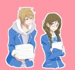  1boy 1girl blue_bow blue_jacket bow braid brown_hair crossed_arms eppyon_ami glasses green_eyes grey_hoodie holding holding_paper honda_towa hood hood_down hoodie jacket konbini_kareshi long_hair mihashi_mami paper paper_stack pink_background school_uniform short_hair simple_background striped_bow twin_braids twintails upper_body yellow_eyes 