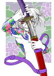  1girl colored_skin floral_background flower_tattoo holding holding_sheath holding_sword holding_weapon katana kick_katze long_hair original parted_lips red_eyes ringed_eyes sharp_teeth sheath solo sword tattoo teeth topless weapon white_hair white_skin 