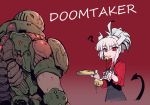  1boy 1girl ? apron black_apron crepe demon_girl demon_horns demon_tail doom_(2016) doom_(game) doom_eternal doomguy eating food fork formal from_behind gauntlets hair_up heart helltaker helmet highres horns karasu_raven long_sleeves lucifer_(helltaker) manly modeus_(helltaker) muscle plate power_armor praetor_suit red_background red_eyes red_shirt shirt silver_hair simple_background sleeves_rolled_up space_marine suit tail undershirt upper_body veins 