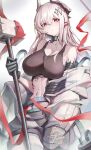  1girl absurdres amir0 arknights bare_shoulders breasts grey_hair hair_ornament hammer highres horns infection_monitor_(arknights) large_breasts long_hair looking_at_viewer material_growth mudrock_(arknights) navel oripathy_lesion_(arknights) pointy_ears red_eyes solo white_hair 