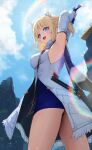  1girl absurdres armpits arms_up blonde_hair blue_eyes blue_sky breasts dress ex_astris fingerless_gloves gloves hair_ornament highres holding long_hair long_sleeves medium_breasts multiple_girls pointy_ears sky smile stretching thighs vi3_(ex_astris) zayur 