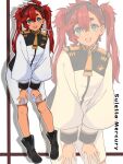  1girl alternate_hairstyle asticassia_school_uniform black_hairband blue_eyes boots character_name gundam gundam_suisei_no_majo hairband highres mizuno374 projected_inset red_hair school_uniform shorts suletta_mercury thick_eyebrows twintails twitter_username white_shorts 