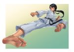  1girl barefoot black_hair black_sash blush clenched_hands commission dougi eiji_(eiji) flying_kick gradient_background highres ijiranaide_nagatoro-san karate karate_gi kicking long_hair nagatoro_hayase obi pixiv_commission ponytail sash simple_background smile soles solo toes 