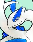 absurd_res ambiguous_gender blue_background blue_eyes feral generation_2_pokemon glury_the_unown hi_res legendary_pokemon long_neck looking_at_viewer lugia nintendo pokemon pokemon_(species) portrait simple_background smile solo tail traditional_media_(artwork) white_body wings