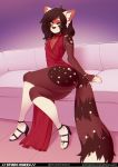  ailurid anthro butt chest_tuft clothed clothing crossdressing crossed_legs dress footwear furniture girly hi_res high_heels jewelry male mammal necklace red_panda shoes sitting sofa text tsudamaku tuft url 