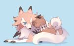  &lt;3 2017 blue_background blue_eyes blush brown_body brown_fur claws evolutionary_family eyes_closed fur lycanroc lying midday_lycanroc nintendo one_eye_closed pok&eacute;mon pok&eacute;mon_(species) rockruff ropang signature simple_background spikes tuft video_games white_body white_fur 