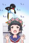  ! 1boy 1girl a_certain_high_school_uniform alternate_height bird black_hair blue_sailor_collar blunt_bangs breasts brown_eyes d: emperor_penguin flower flower_hairband flying_sweatdrops hands_up head_wreath highres holding holding_watering_can indoors light_blush looking_at_another looking_up medium_eyebrows neckerchief penguin pingu pingu_(series) pink_flower red_neckerchief sailor_collar school_uniform shinbo_etoka short_hair size_difference small_breasts toaru_kagaku_no_railgun toaru_majutsu_no_index translated uiharu_kazari upper_body watering watering_can 