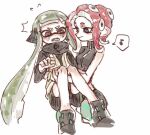  2girls agent_3_(splatoon) agent_8_(splatoon) bike_shorts black_eyes carrying chinese_commentary fangs green_hair headgear high-visibility_vest highres inkling inkling_girl inkling_player_character long_hair long_sleeves medium_hair multiple_girls musical_note octoling octoling_girl octoling_player_character open_mouth pink_eyes princess_carry red_hair simple_background single_bare_shoulder speech_bubble splatoon_(series) splatoon_2 splatoon_2:_octo_expansion spoken_musical_note suction_cups tentacle_hair thenintlichen96 very_long_hair vest white_background 