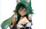  1girl animal_ear_fluff animal_ears breasts cleavage cleavage_cutout clothing_cutout detached_sleeves fox_ears fur_trim green_hair hair_between_eyes hair_ornament hairclip highres honkai:_star_rail honkai_(series) iqbqlz large_breasts light_blush light_smile long_hair looking_at_viewer parted_lips pink_eyes solo very_long_hair yukong_(honkai:_star_rail) 